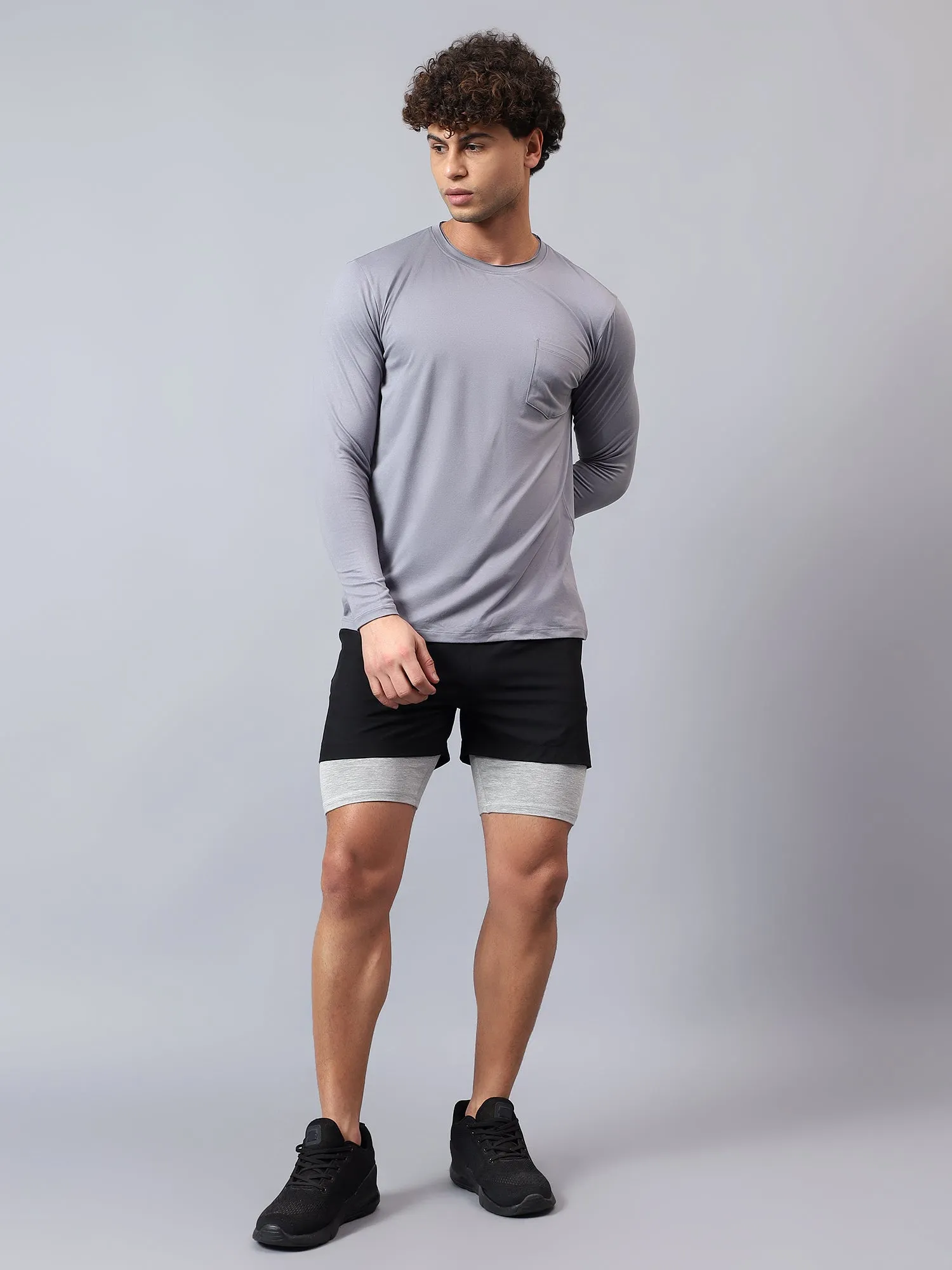 Fitkin men's grey raw edge neck style long sleeevs t-shirt