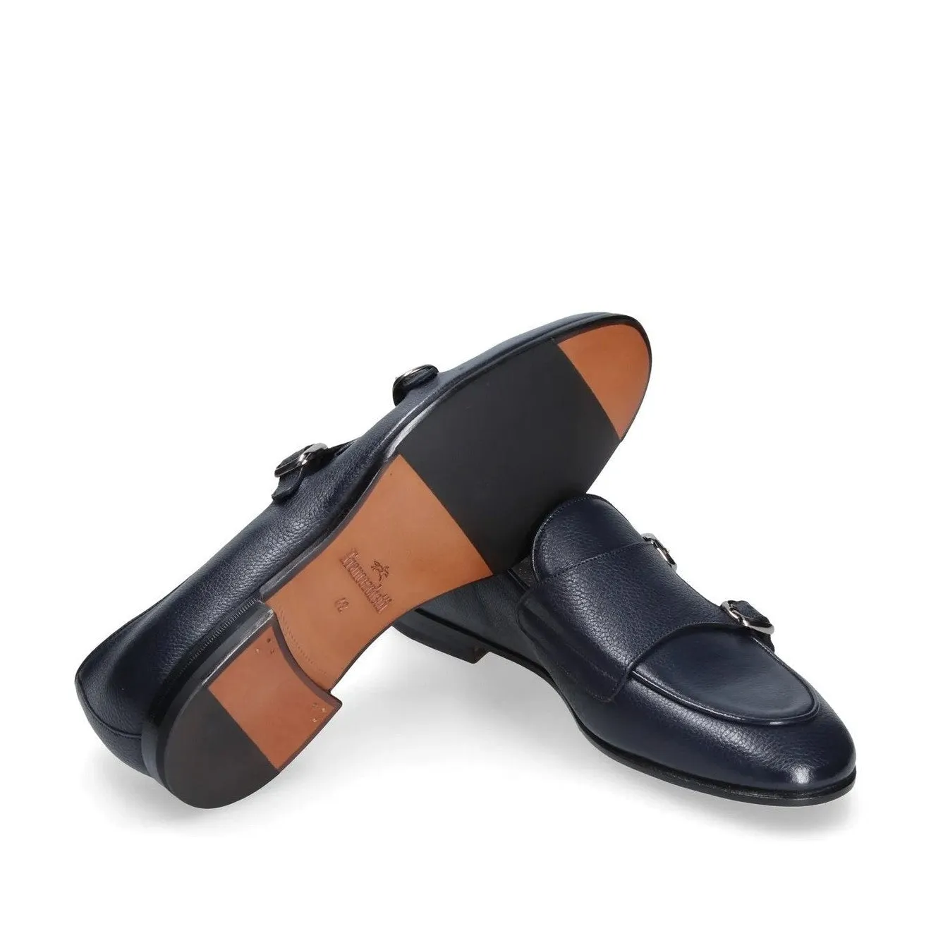 Franceschetti Ravenna Men's Shoes Blue Tumbled Calf-Skin Leather Double Buckle Belgian Loafers (FCCT1002)