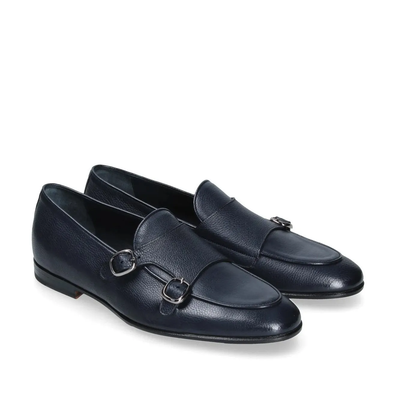 Franceschetti Ravenna Men's Shoes Blue Tumbled Calf-Skin Leather Double Buckle Belgian Loafers (FCCT1002)