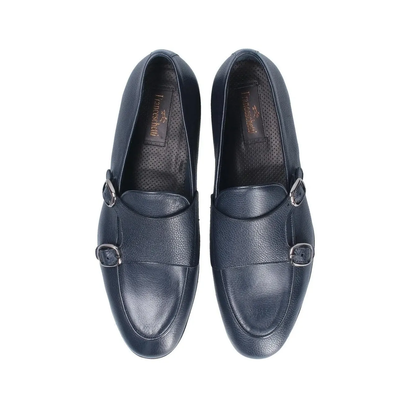 Franceschetti Ravenna Men's Shoes Blue Tumbled Calf-Skin Leather Double Buckle Belgian Loafers (FCCT1002)