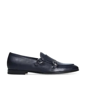 Franceschetti Ravenna Men's Shoes Blue Tumbled Calf-Skin Leather Double Buckle Belgian Loafers (FCCT1002)