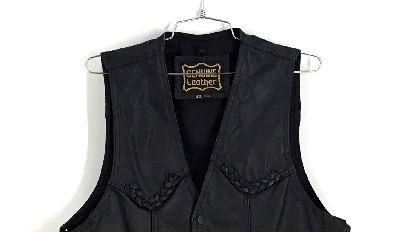 Genuine Leather Men's Black Motorcycle Vest - Size 40