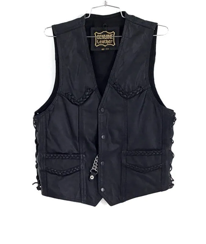 Genuine Leather Men's Black Motorcycle Vest - Size 40