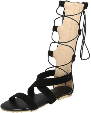 Gibobby Sandals for Women Wide Width,Summer Casual Flats Lace-Up Knee High Gladiator Sandals Zipper Strappy Roma Shoes