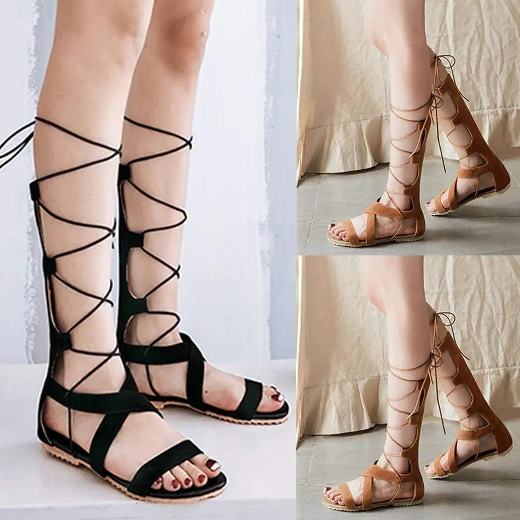 Gibobby Sandals for Women Wide Width,Summer Casual Flats Lace-Up Knee High Gladiator Sandals Zipper Strappy Roma Shoes