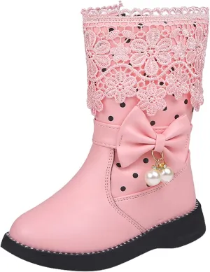 Girl's Mid Calf Boots Wterproof Lace Bowknot Side Zipper Fr Lined Side Zipper Fall Winter Low Heel Chunky Boots