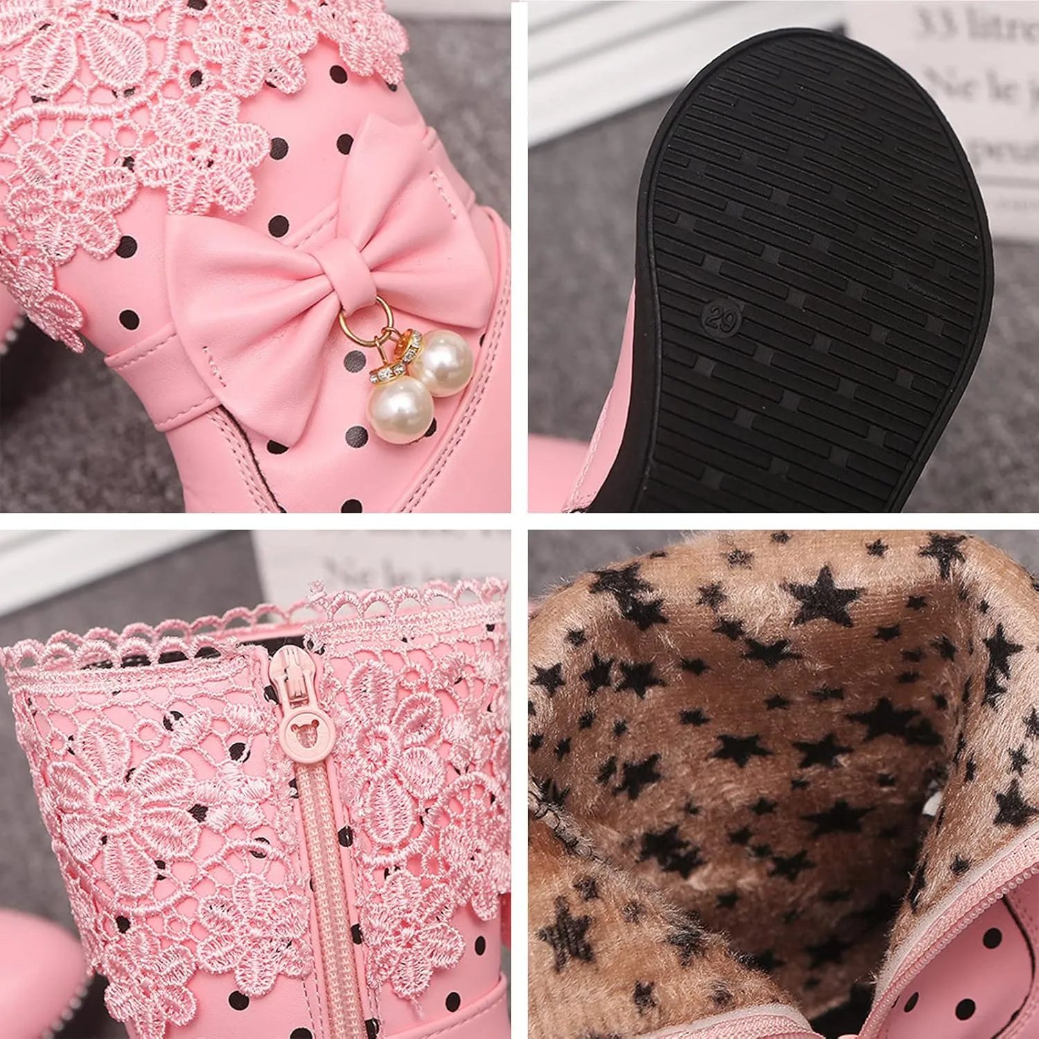 Girl's Mid Calf Boots Wterproof Lace Bowknot Side Zipper Fr Lined Side Zipper Fall Winter Low Heel Chunky Boots