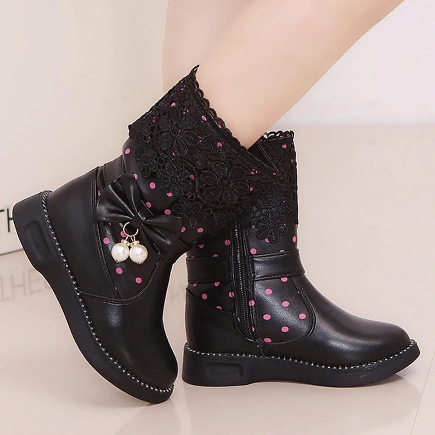 Girl's Mid Calf Boots Wterproof Lace Bowknot Side Zipper Fr Lined Side Zipper Fall Winter Low Heel Chunky Boots