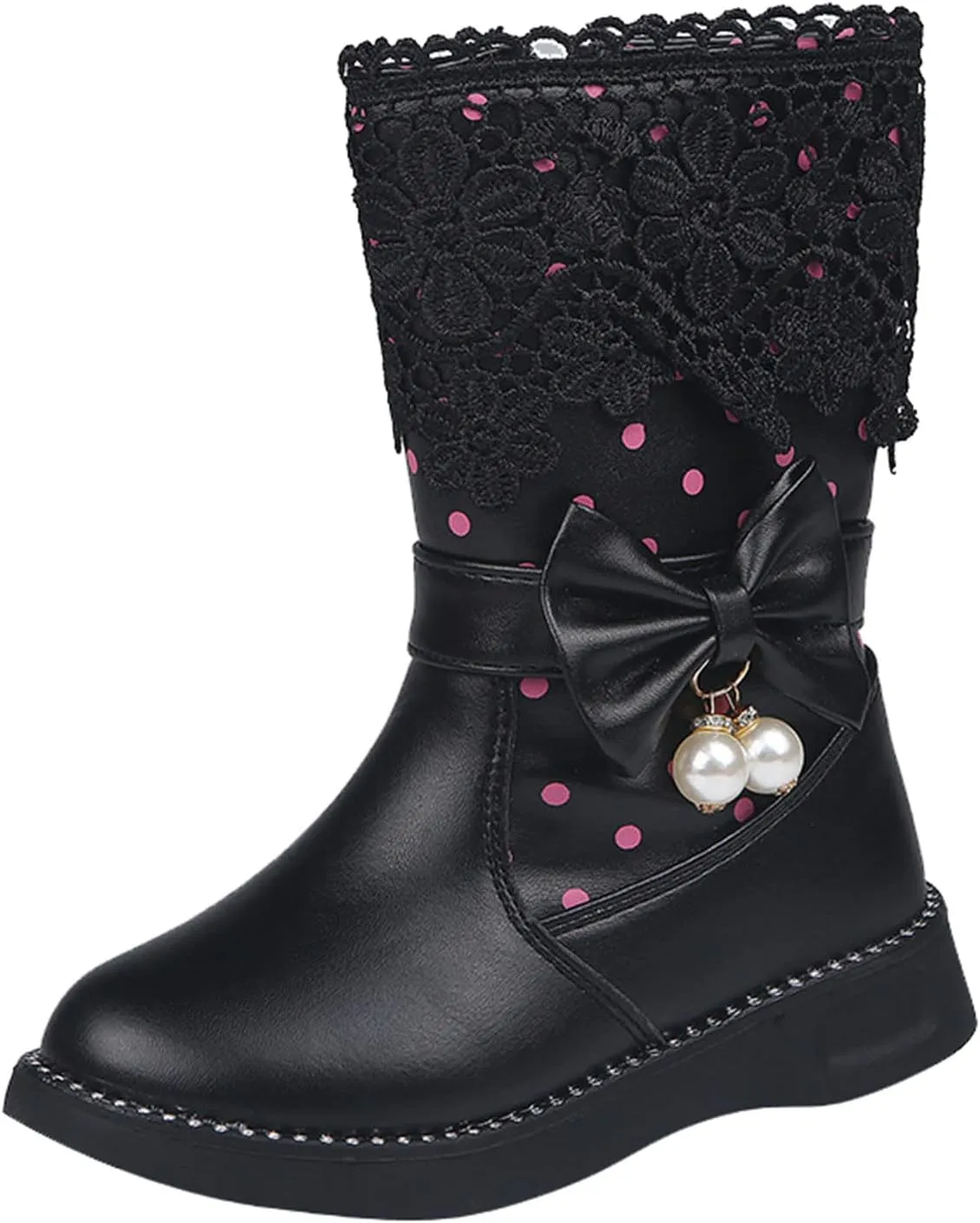Girl's Mid Calf Boots Wterproof Lace Bowknot Side Zipper Fr Lined Side Zipper Fall Winter Low Heel Chunky Boots