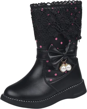 Girl's Mid Calf Boots Wterproof Lace Bowknot Side Zipper Fr Lined Side Zipper Fall Winter Low Heel Chunky Boots