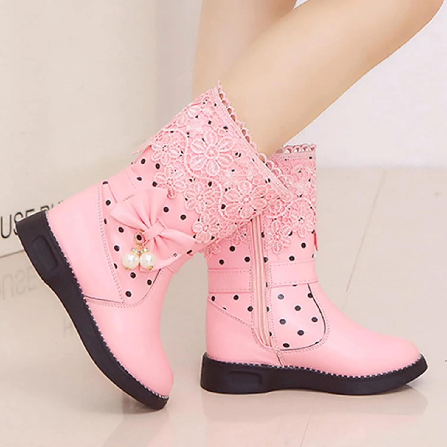 Girl's Mid Calf Boots Wterproof Lace Bowknot Side Zipper Fr Lined Side Zipper Fall Winter Low Heel Chunky Boots