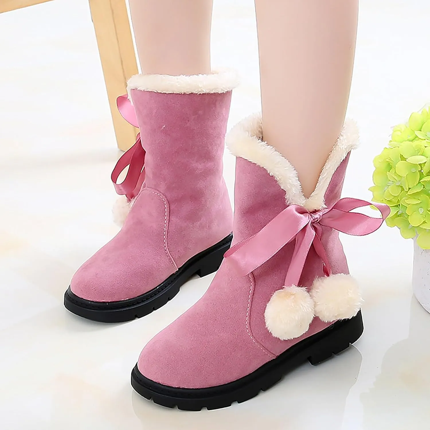 Girls Winter Warm  Boots Mid-Calf Bowknot Princess Booties Kids Lightweight Soft Plush Velvet Snow Shoes