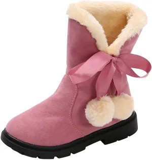 Girls Winter Warm  Boots Mid-Calf Bowknot Princess Booties Kids Lightweight Soft Plush Velvet Snow Shoes
