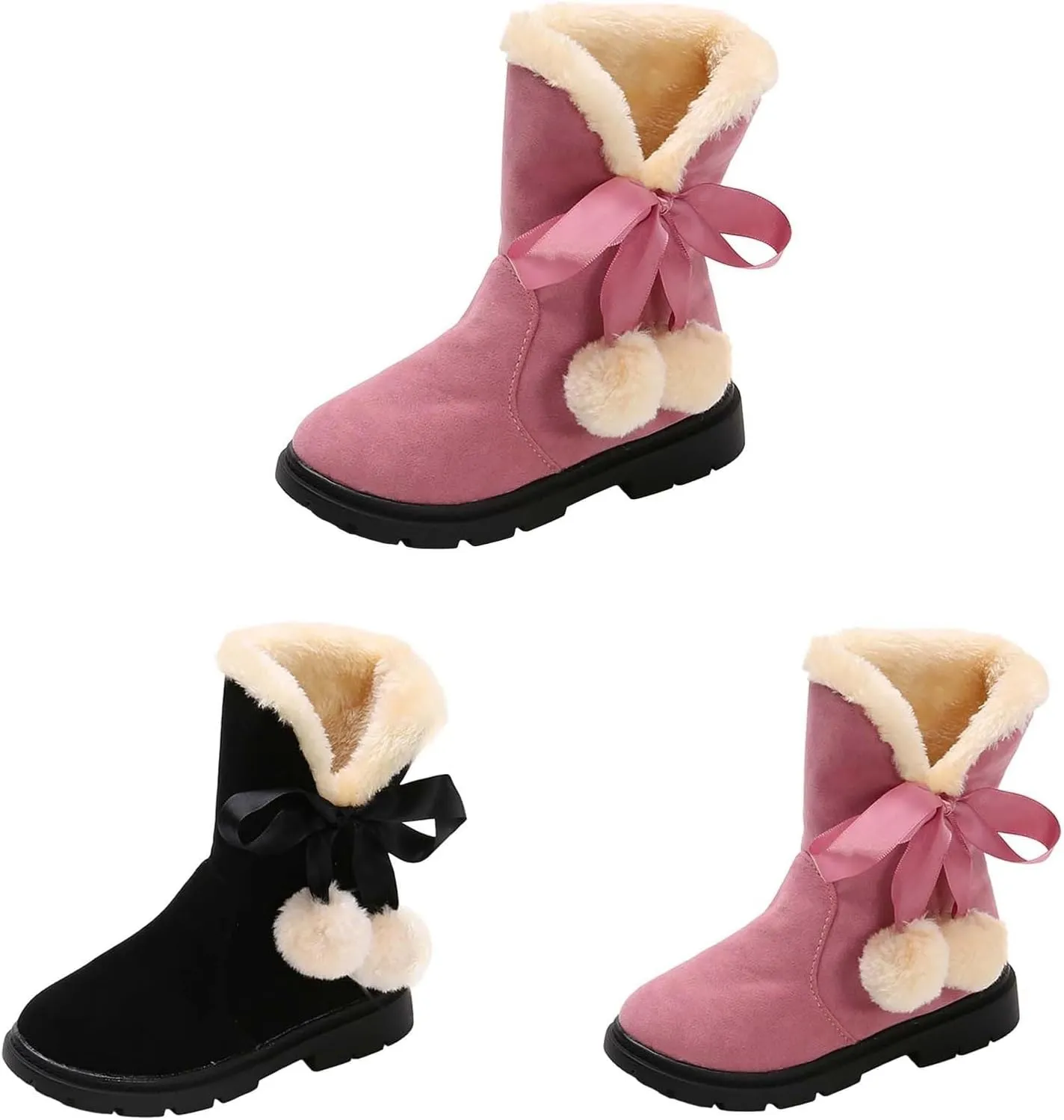 Girls Winter Warm  Boots Mid-Calf Bowknot Princess Booties Kids Lightweight Soft Plush Velvet Snow Shoes