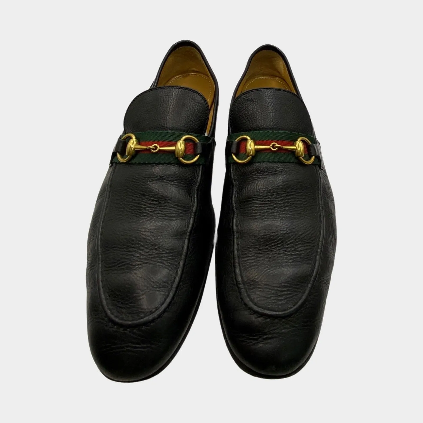 Gucci men's black leather red and green stripe horsebit loafers