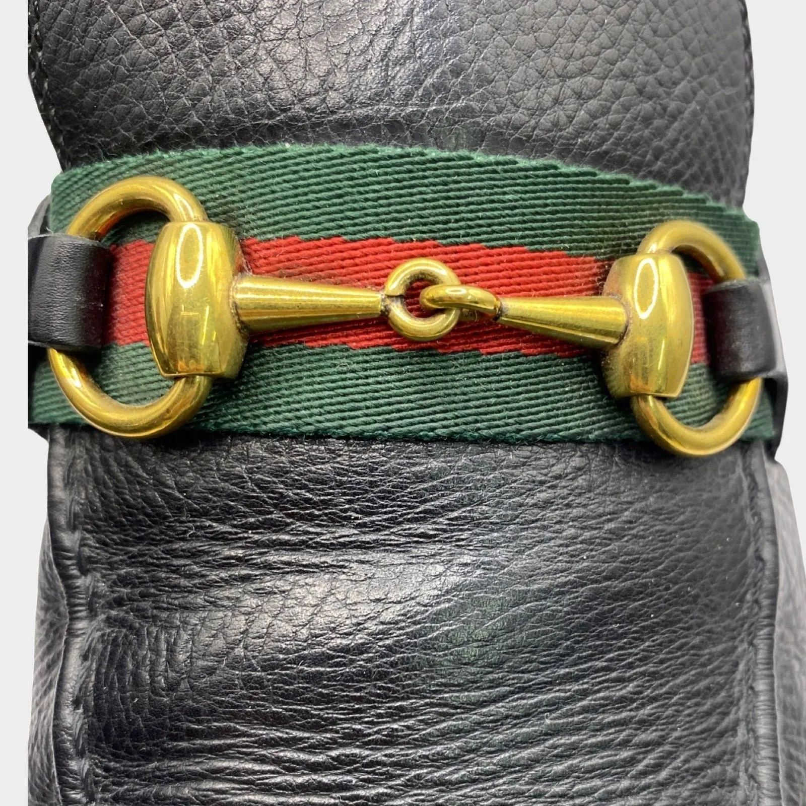 Gucci men's black leather red and green stripe horsebit loafers