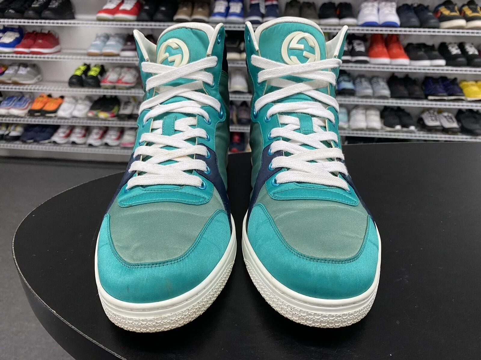 Gucci Men's Teal Blue Satin High Top Sneaker 337451-3663 Men's Sz 9.5 US