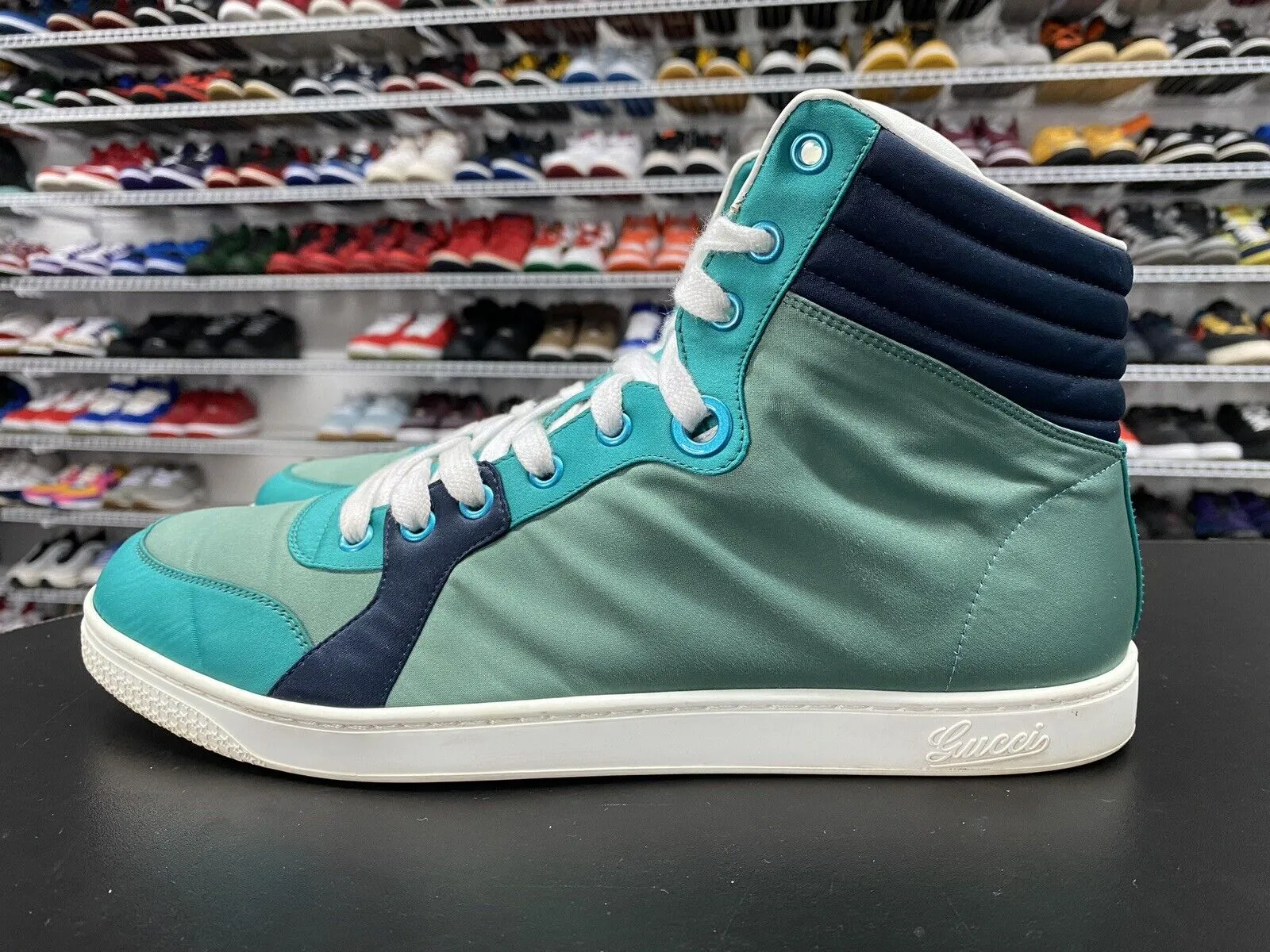 Gucci Men's Teal Blue Satin High Top Sneaker 337451-3663 Men's Sz 9.5 US