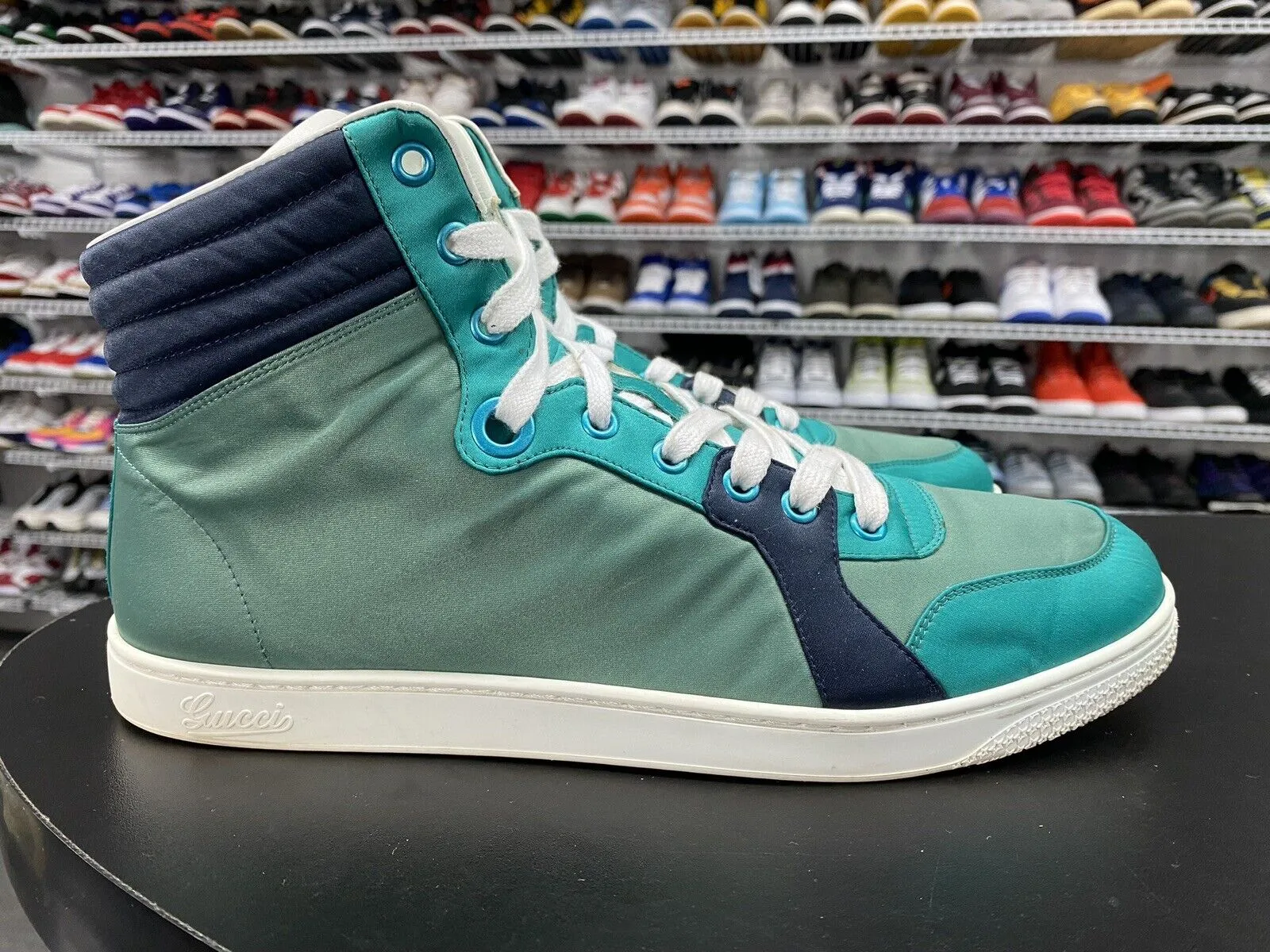 Gucci Men's Teal Blue Satin High Top Sneaker 337451-3663 Men's Sz 9.5 US