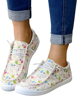 Gumipy Women's Lace-Up Loafers Valentine's Day Love Heart Print Fashion Sneaker Comfortable Lightweight Canvas Shoes Breathable Walking Shoes