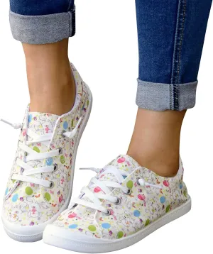 Gumipy Women's Lace-Up Loafers Valentine's Day Love Heart Print Fashion Sneaker Comfortable Lightweight Canvas Shoes Breathable Walking Shoes
