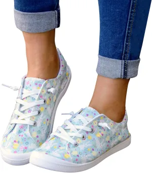 Gumipy Women's Lace-Up Loafers Valentine's Day Love Heart Print Fashion Sneaker Comfortable Lightweight Canvas Shoes Breathable Walking Shoes