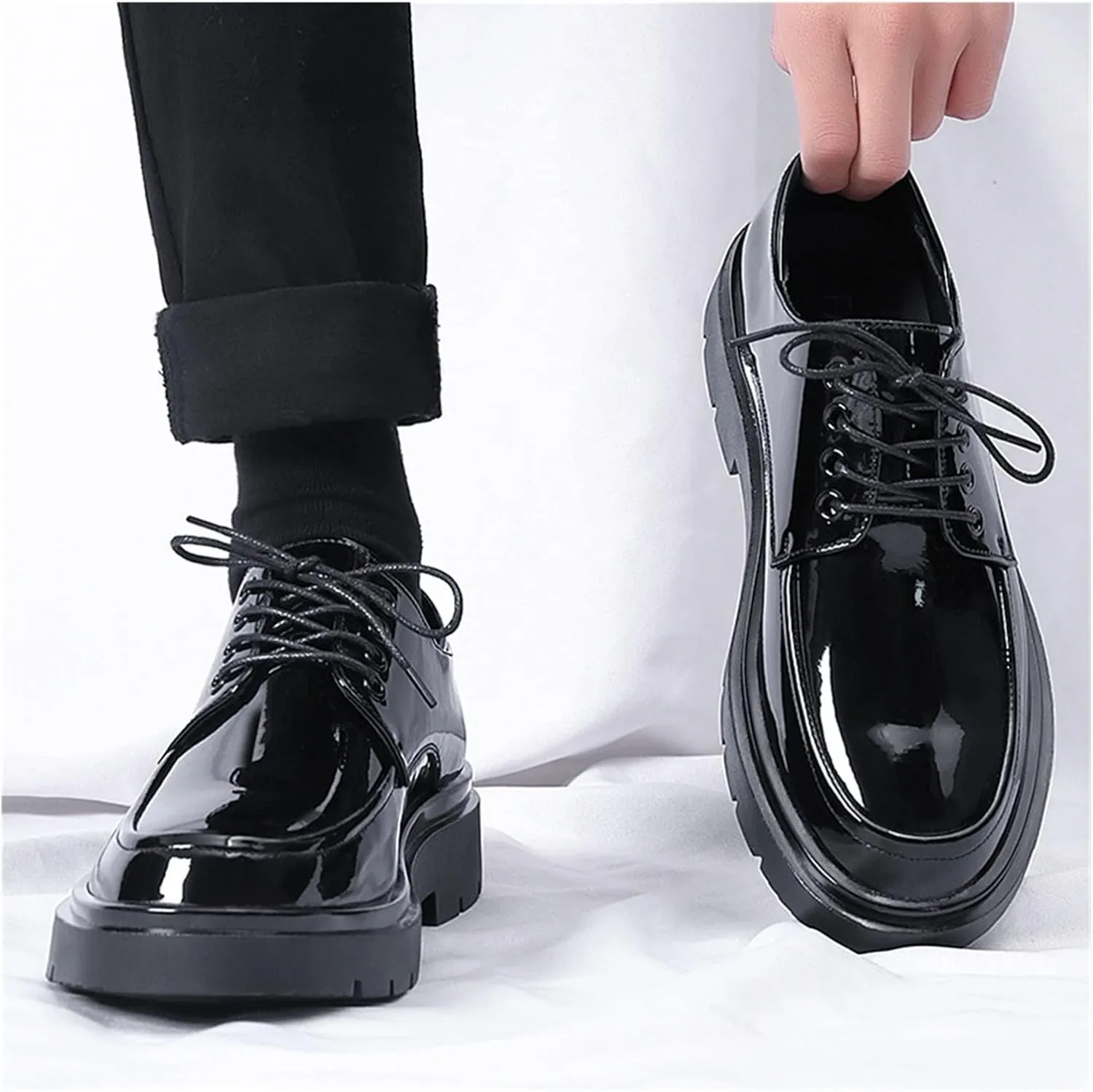HASMI Business Formal Leather Shoes Men's Shiny Leather Shoes British Style Thick-Soled Casual Trendy Shoes