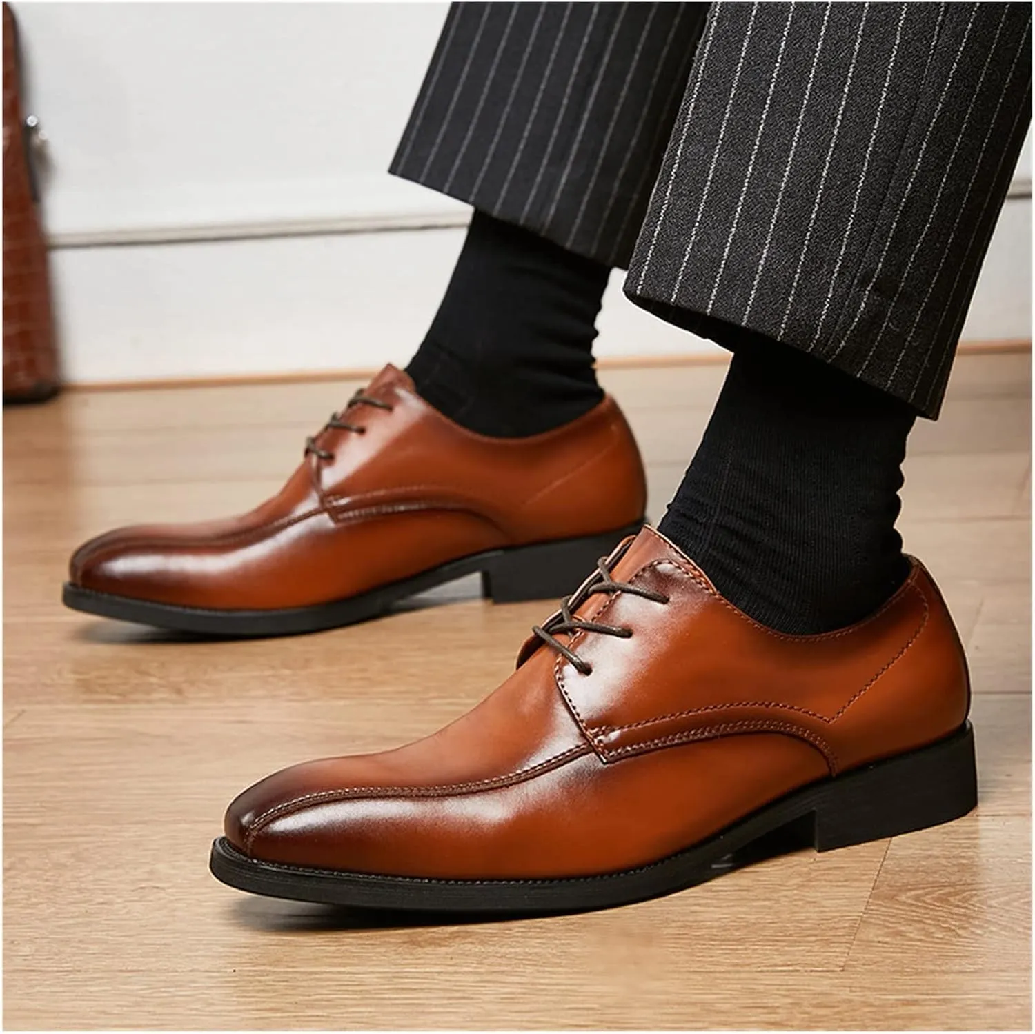 HASMI Spring and Summer British Style Lace-up Business Formal Leather Shoes Men's Pointed Toe Breathable Derby Shoes Soft-Soled Shoes