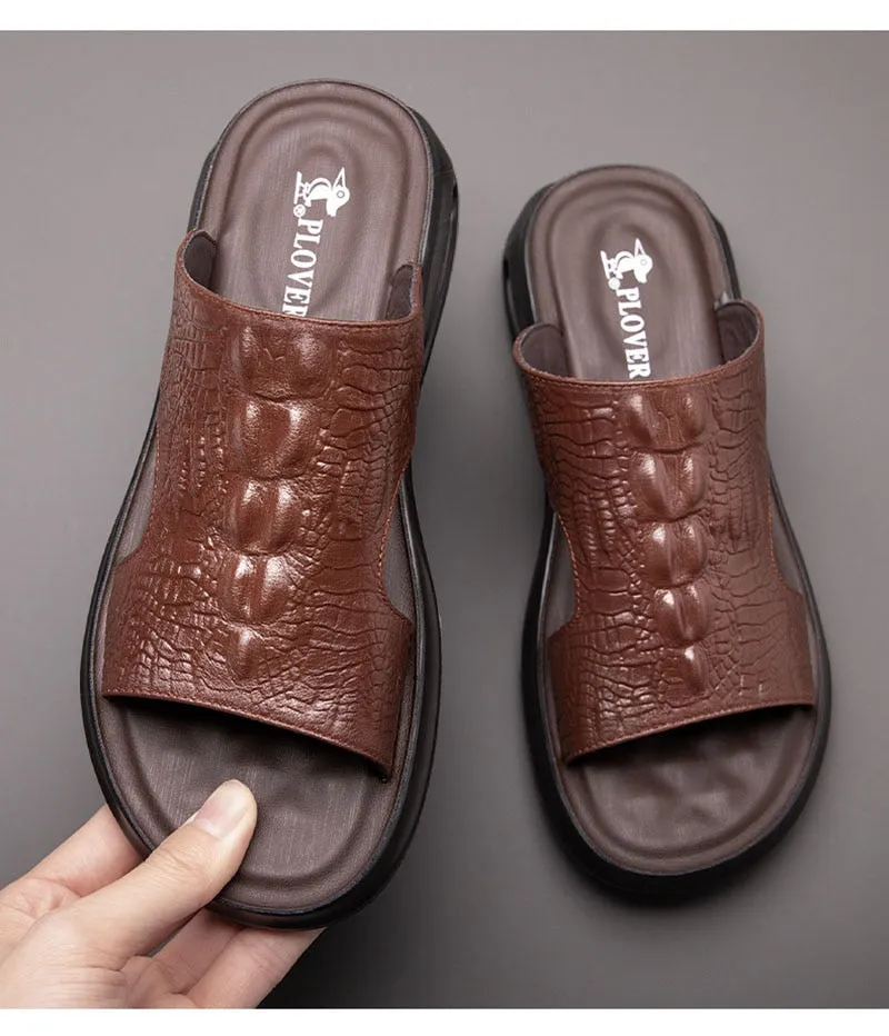 Hnzxzm New Summer Genuine Leather Shoes Men Sandals Flat Cow Leather Mens Beach Sandals Summer Holiday Male Footwear Black KA4610