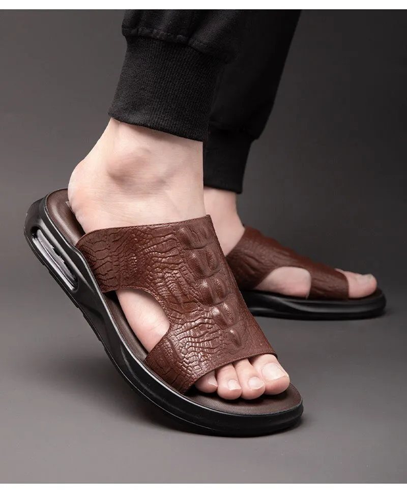 Hnzxzm New Summer Genuine Leather Shoes Men Sandals Flat Cow Leather Mens Beach Sandals Summer Holiday Male Footwear Black KA4610