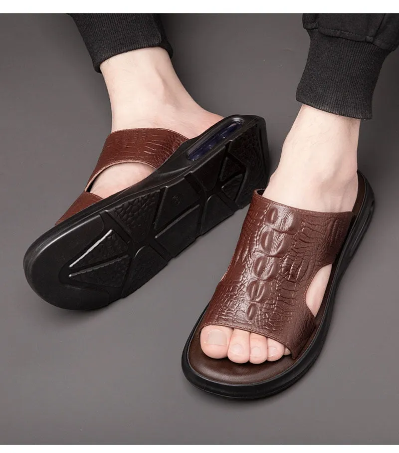 Hnzxzm New Summer Genuine Leather Shoes Men Sandals Flat Cow Leather Mens Beach Sandals Summer Holiday Male Footwear Black KA4610