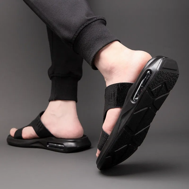 Hnzxzm New Summer Genuine Leather Shoes Men Sandals Flat Cow Leather Mens Beach Sandals Summer Holiday Male Footwear Black KA4610