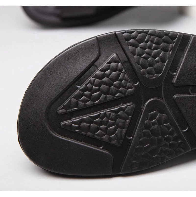 Hnzxzm New Summer Genuine Leather Shoes Men Sandals Flat Cow Leather Mens Beach Sandals Summer Holiday Male Footwear Black KA4610