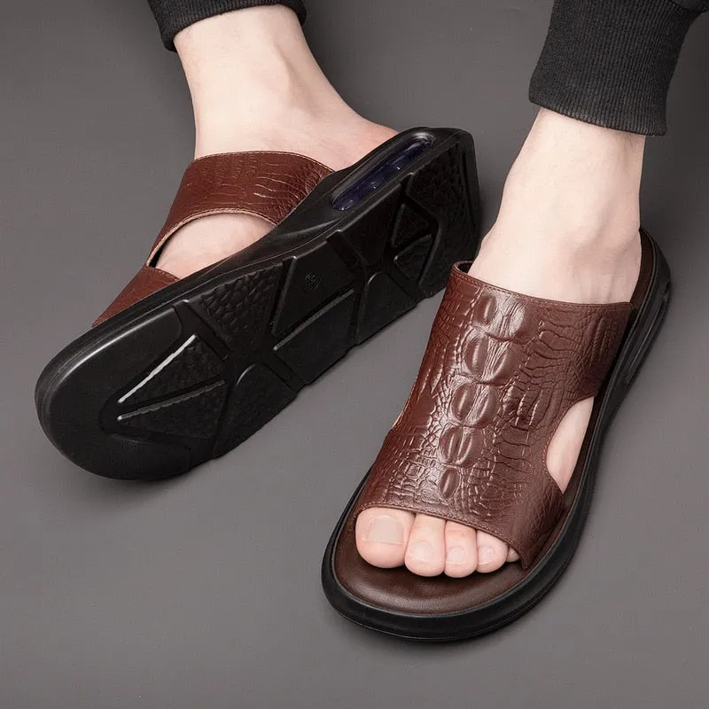 Hnzxzm New Summer Genuine Leather Shoes Men Sandals Flat Cow Leather Mens Beach Sandals Summer Holiday Male Footwear Black KA4610