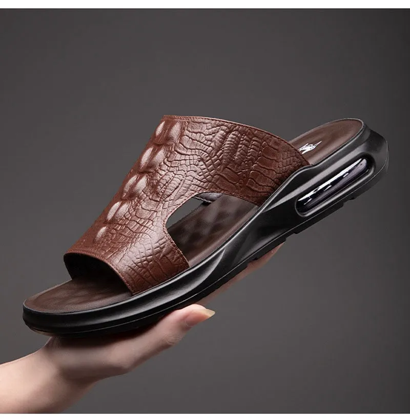 Hnzxzm New Summer Genuine Leather Shoes Men Sandals Flat Cow Leather Mens Beach Sandals Summer Holiday Male Footwear Black KA4610