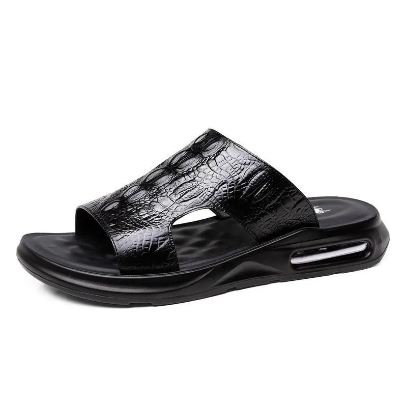 Hnzxzm New Summer Genuine Leather Shoes Men Sandals Flat Cow Leather Mens Beach Sandals Summer Holiday Male Footwear Black KA4610