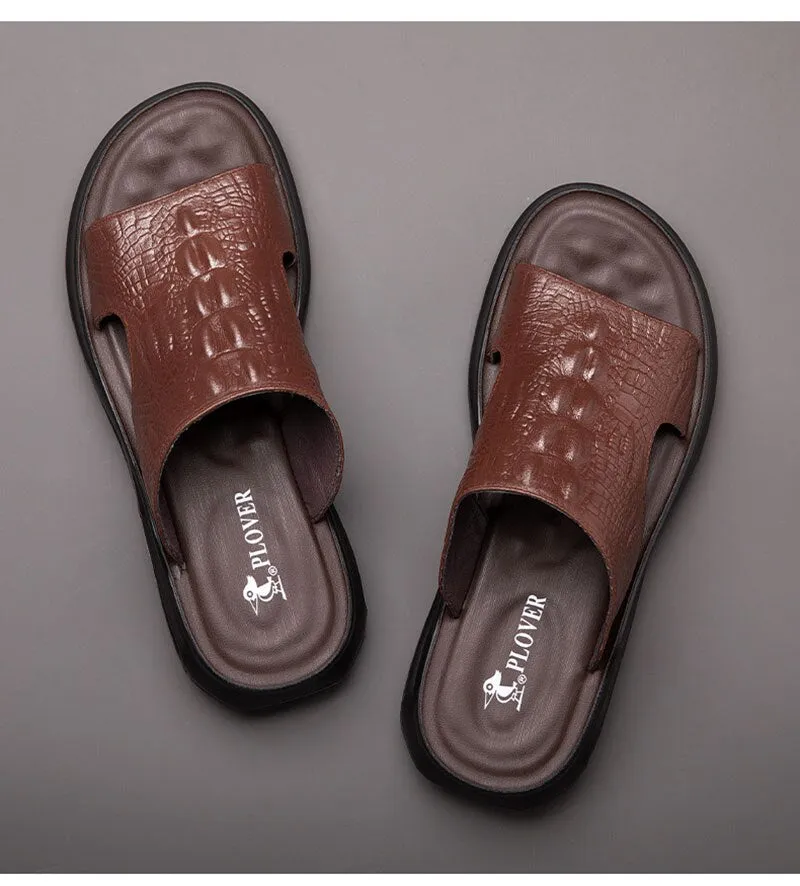 Hnzxzm New Summer Genuine Leather Shoes Men Sandals Flat Cow Leather Mens Beach Sandals Summer Holiday Male Footwear Black KA4610