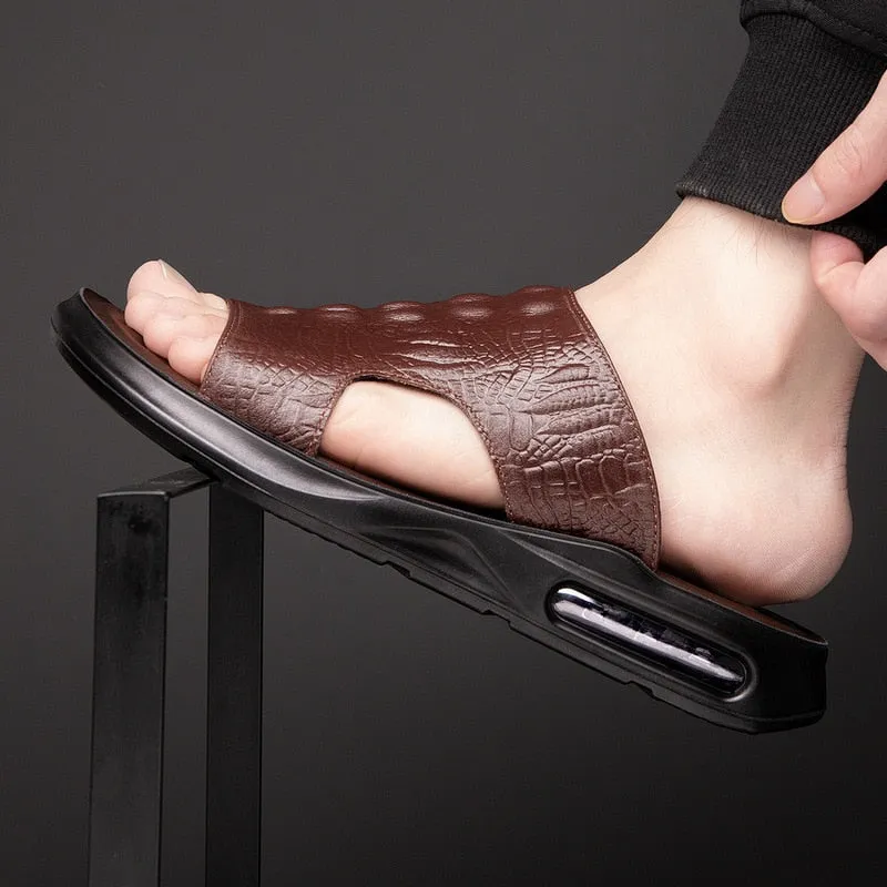 Hnzxzm New Summer Genuine Leather Shoes Men Sandals Flat Cow Leather Mens Beach Sandals Summer Holiday Male Footwear Black KA4610
