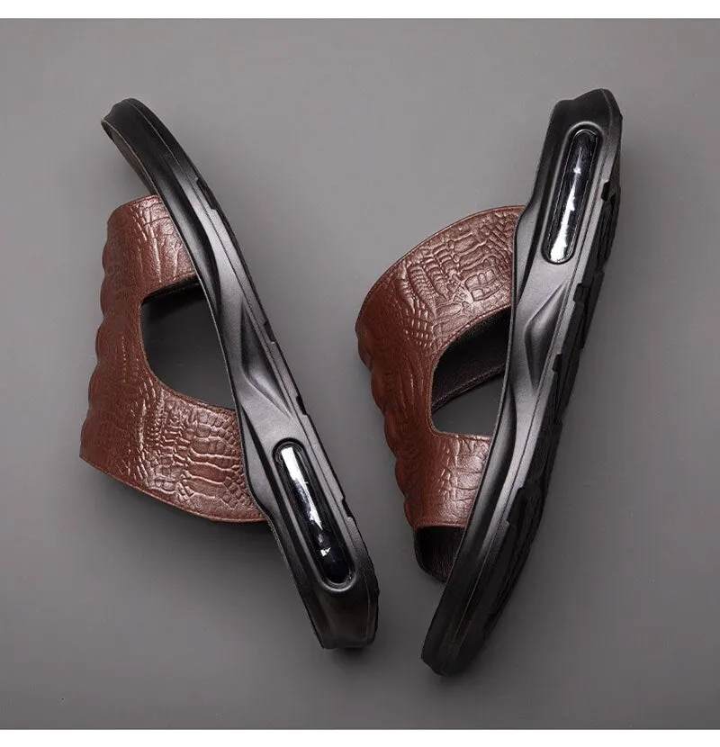 Hnzxzm New Summer Genuine Leather Shoes Men Sandals Flat Cow Leather Mens Beach Sandals Summer Holiday Male Footwear Black KA4610
