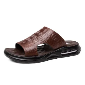 Hnzxzm New Summer Genuine Leather Shoes Men Sandals Flat Cow Leather Mens Beach Sandals Summer Holiday Male Footwear Black KA4610