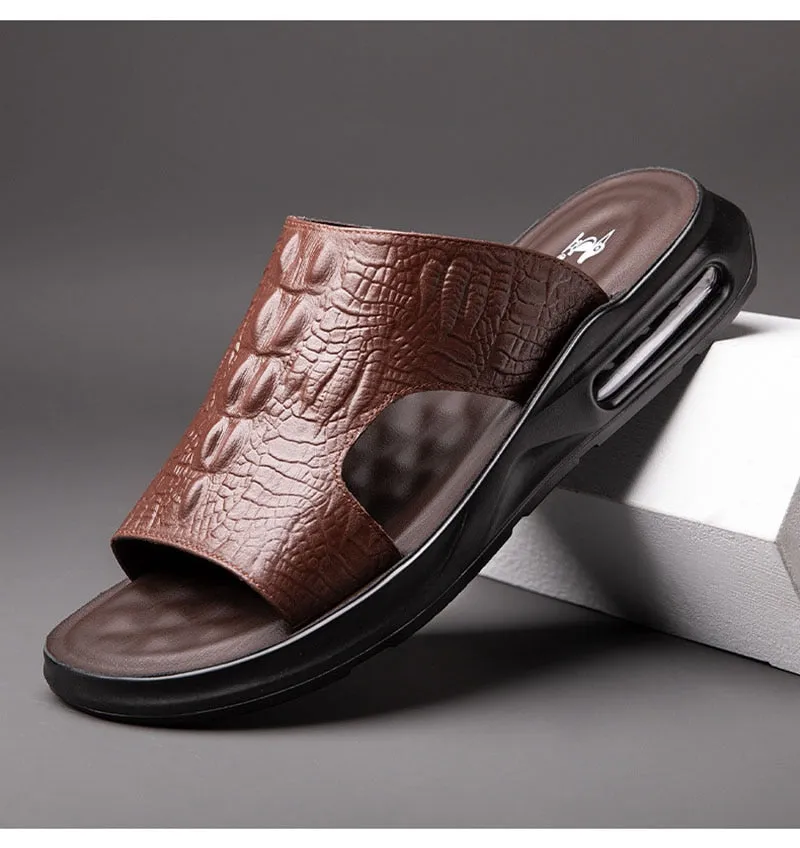 Hnzxzm New Summer Genuine Leather Shoes Men Sandals Flat Cow Leather Mens Beach Sandals Summer Holiday Male Footwear Black KA4610