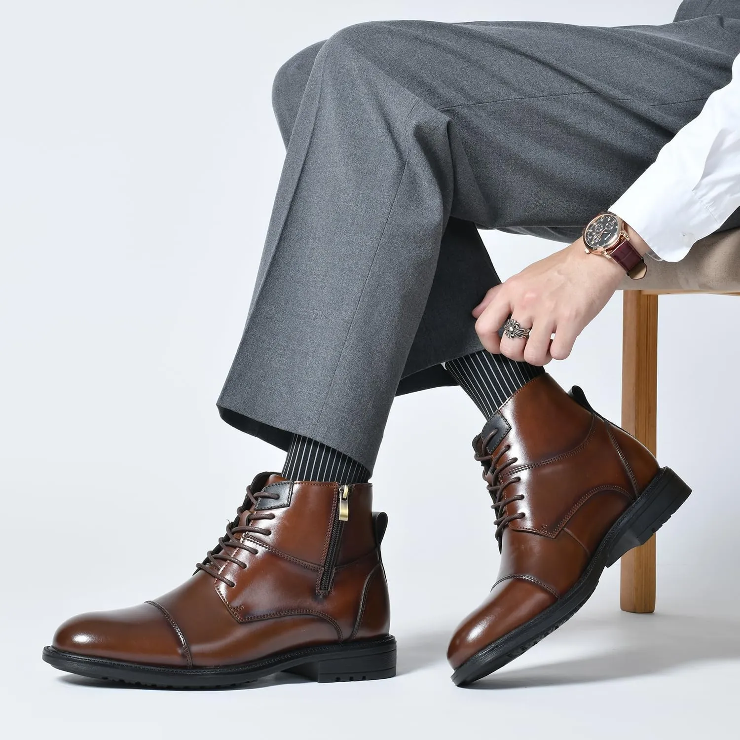 Holy dove Mens Oxford Leather Dress Boots Cap Toe Side Zip Fashion Mid Top Chukka Ankle Boots for Men