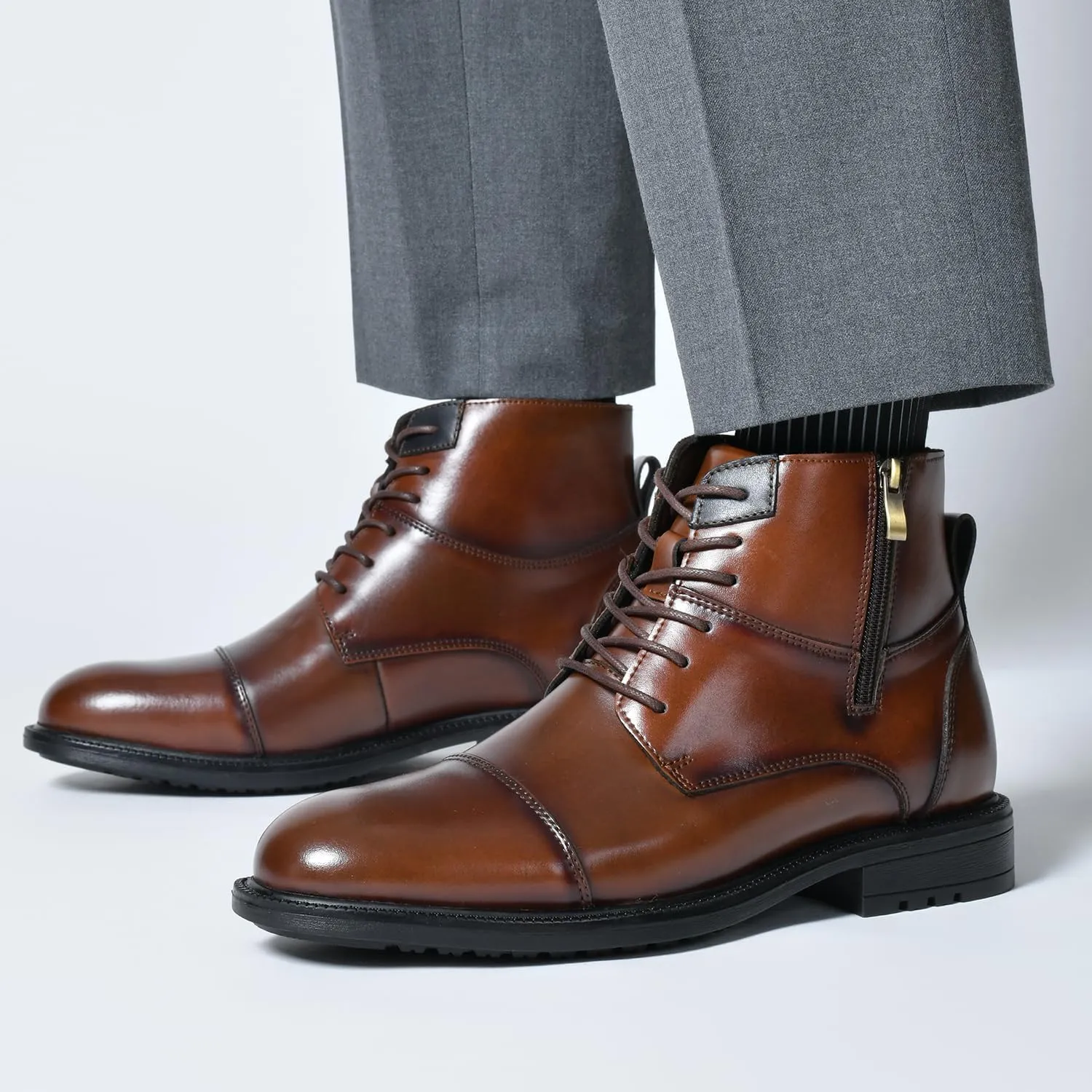 Holy dove Mens Oxford Leather Dress Boots Cap Toe Side Zip Fashion Mid Top Chukka Ankle Boots for Men