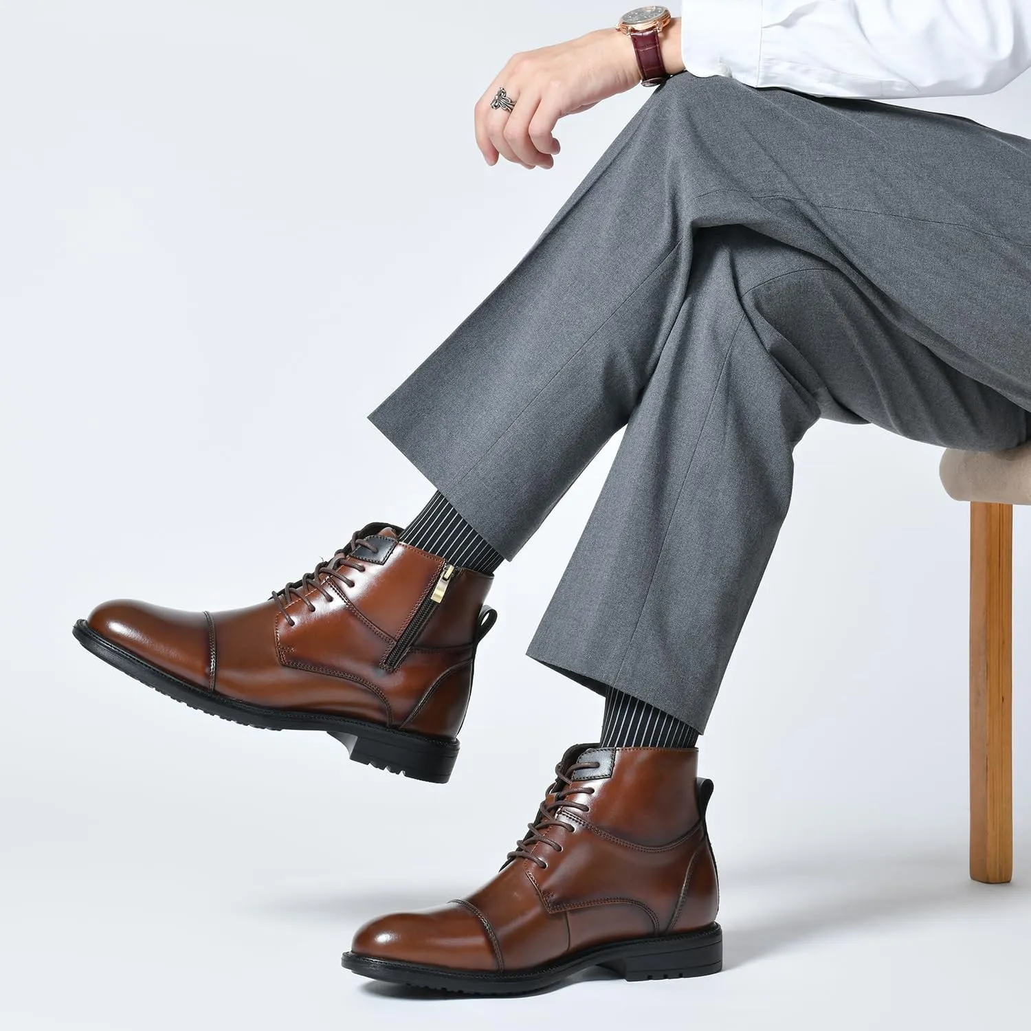 Holy dove Mens Oxford Leather Dress Boots Cap Toe Side Zip Fashion Mid Top Chukka Ankle Boots for Men