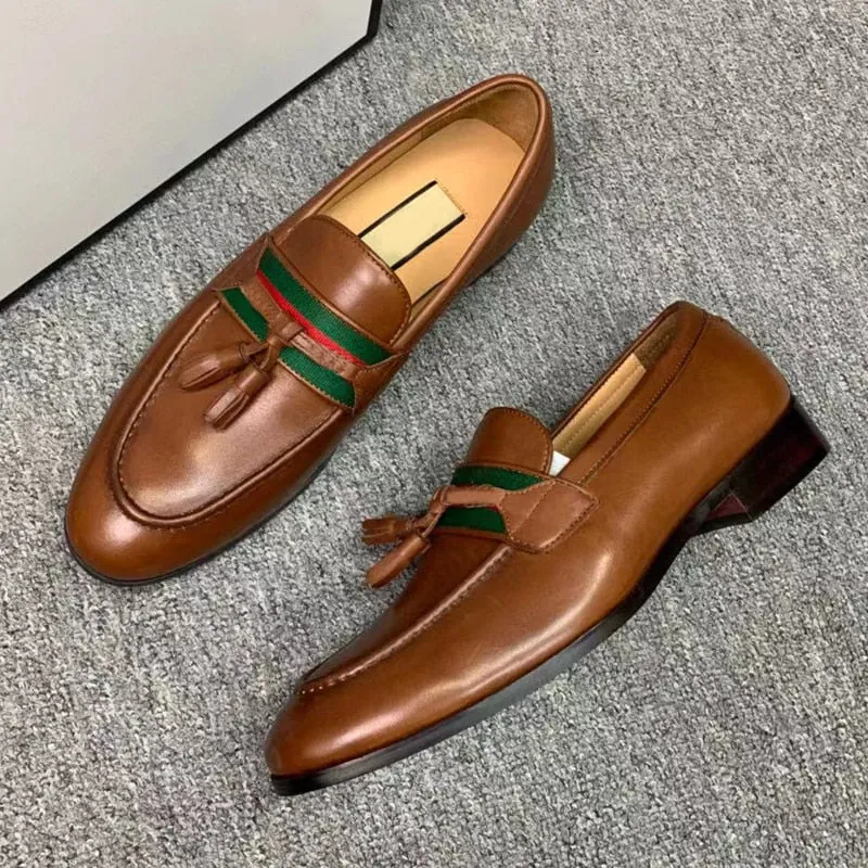 Horsebit Calf Leather Classic Loafers  Fashion Tassel Stripe Web