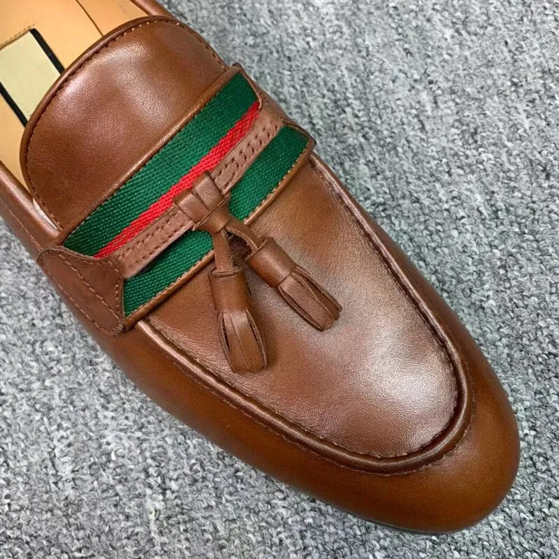 Horsebit Calf Leather Classic Loafers  Fashion Tassel Stripe Web