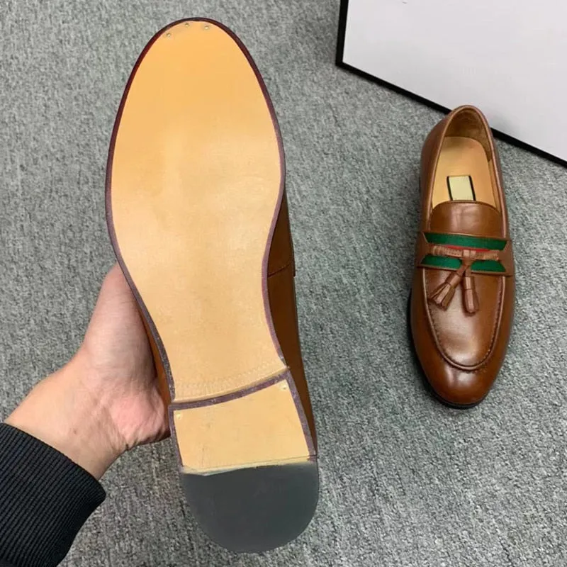Horsebit Calf Leather Classic Loafers  Fashion Tassel Stripe Web
