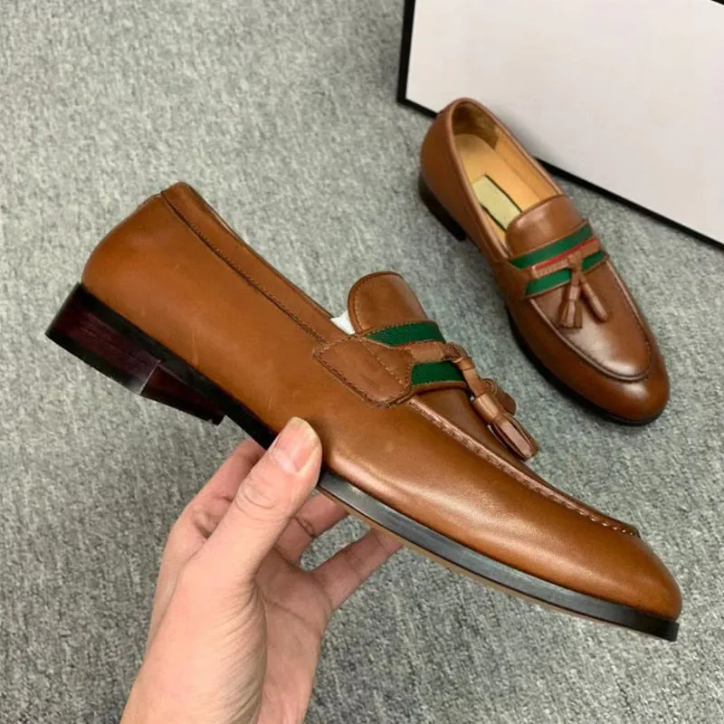 Horsebit Calf Leather Classic Loafers  Fashion Tassel Stripe Web