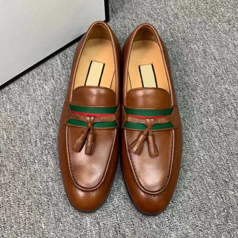 Horsebit Calf Leather Classic Loafers  Fashion Tassel Stripe Web