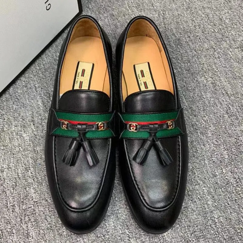 Horsebit Calf Leather Classic Loafers  Fashion Tassel Stripe Web